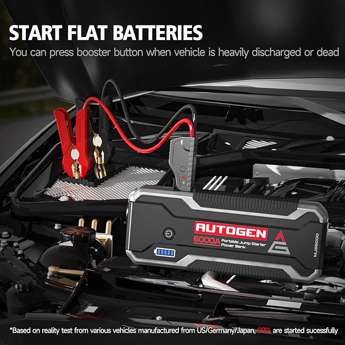 Car Jump Starter 6000A, AUTOGEN Portable Battery Jumper Starter All Gas and 10.0L Diesel Engine, Jump Start Battery Pack and Jump Box with 12V DC Output and EVA Case