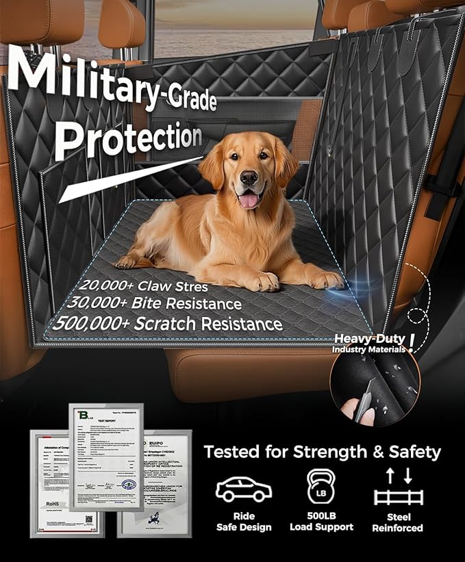 Doglike UNBREAK Dog Car Seat Cover for Back Seat [NO.1 Military-Grade Reinforced Protection], 500LB Ultra-Support Carseat Hard Bottom, Waterproof Pet Carseat Dog Hammock for Cars/SUV/Truck XL Size