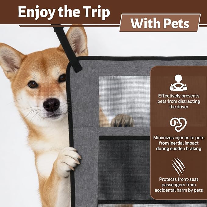 Dog Barrier for SUV, Car Net for Dogs with Adjusting Rope and Hook, Sturdy Mesh Backseat Car Divider for Small and Medium-Sized Dogs (Gray)