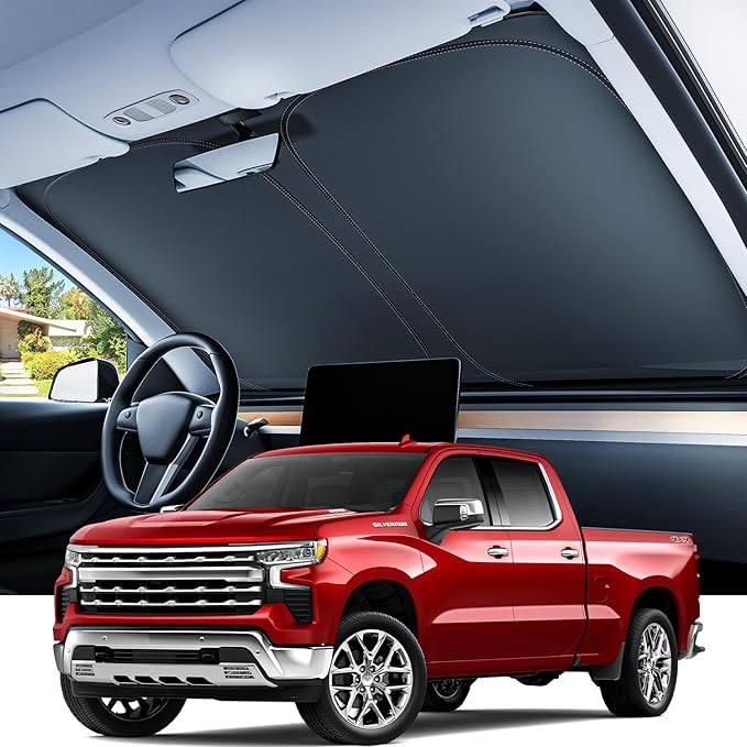 REEVAA Upgraded for Ch-evrolet Silverado 1500 (2026-2019) Windshield Sunshade [Tailored Fit, 99% Sun Protection] Foldable Sun Shade Car Accessories with Storage Bag