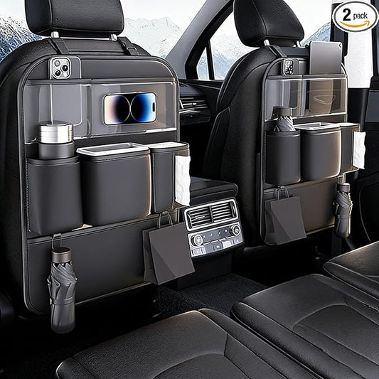 2 Pack PU Leather Premium Car SeatBack Organizer Travel Accessories Kick mats Back seat Protector and Cup Holder Holder Universal Use Seat Covers