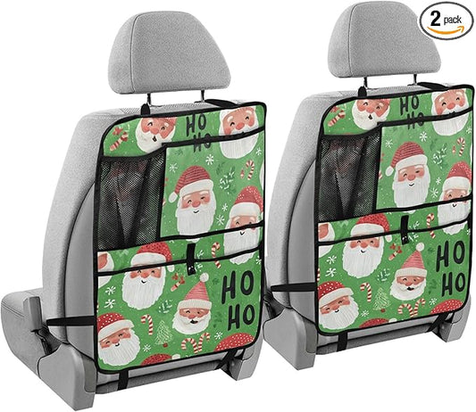 2 Pack Back Seat Car Organizer with Storage Pockets Kick Mats Back Seat Protector Hanging Car Organizer Automotive Seat Back Cover Organizers Bright Green Christmas Santa Claus