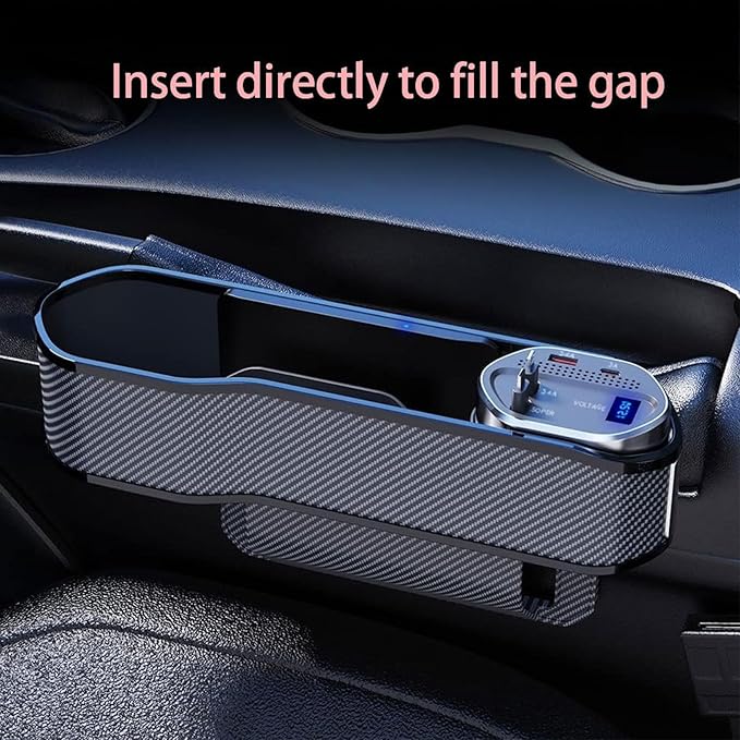 Car Seat Gap Filler Organizer with Wireless Charger,2 USB Ports and 2 Retractable Charging Cable of Type C, iOS, Multifunctional Storage Box with Cup Holder Cigarette Lighter Quick Charge