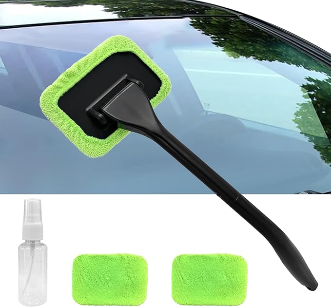 wuyaoyao Car Windshield Cleaning Tool, Car Window Cleaner with Detachable Handle & 2 Washable and Reusable Microfiber Pads, Universal Auto Glass Wiper Car Windshield Cleaner Kit