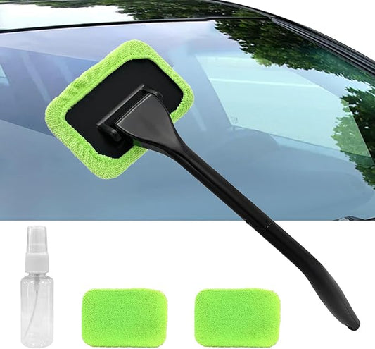 wuyaoyao Car Windshield Cleaning Tool, Car Window Cleaner with Detachable Handle & 2 Washable and Reusable Microfiber Pads, Universal Auto Glass Wiper Car Windshield Cleaner Kit