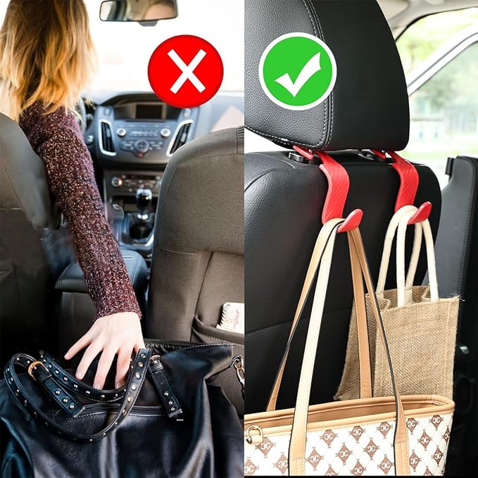 Hanemia 4PCS Car Seat Headrest Hooks, Auto Back Seat Hanger Holder, Durable Stylish Vehicle Organizer Universal Car Interior Accessories, Storage Hooks for Purses, Bags, Clothes (Carbon Fiber/Red)