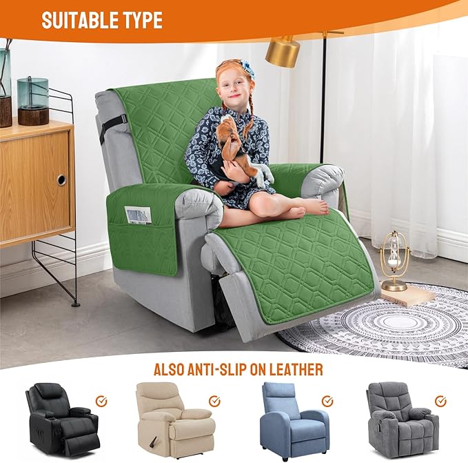 VANSOFY 100% Waterproof Recliner Chair Covers, Recliner Cover Non-Slip Dog Chair Cover Furniture Protector Washable Slipcover with Pocket, Elastic Straps for Pets, Dogs(Vine Green, 22")