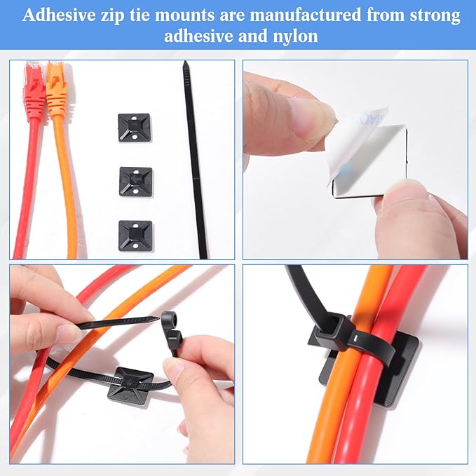 1000 Pcs 3/4 Inch Black Self Adhesive Cable Zip Tie Mounts Wires Zip Tie Mounting Base Holders Management Anchors Organizer Holders for Indoor & Outdoor Cable Organization (Black)