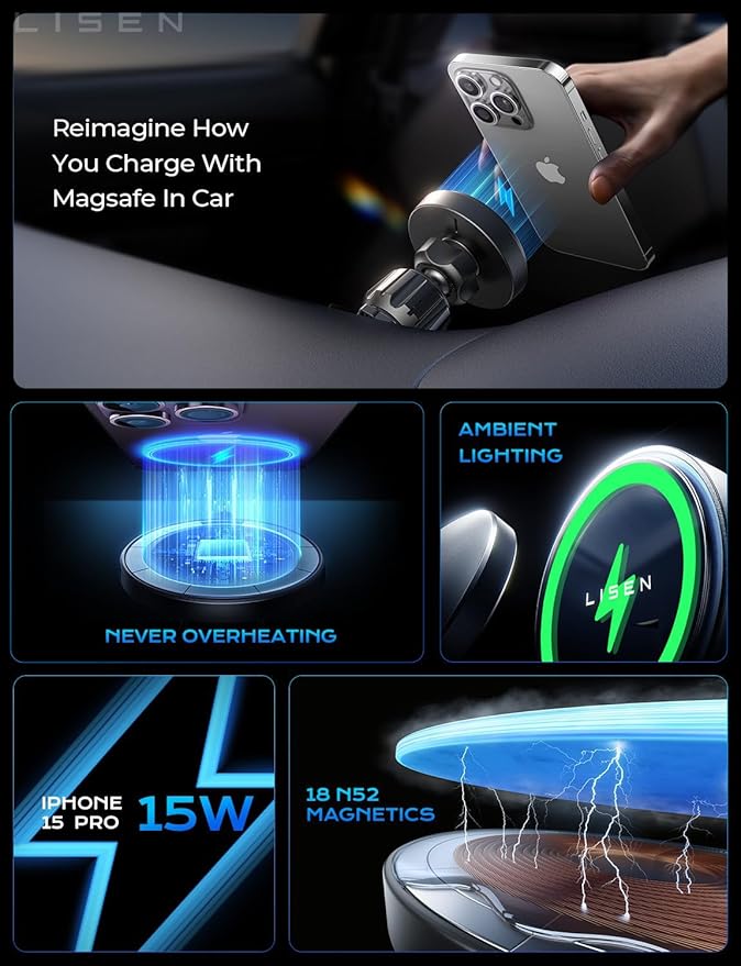 LISEN for 15W MagSafe Car Mount Charger,MagSafe Charger,Wireless Car Charger,Magnetic Phone Holder for Car,Phone Holders for Your Car Accessories for Women Men Jeep Ford F150 for iPhone 17-12,Samsung