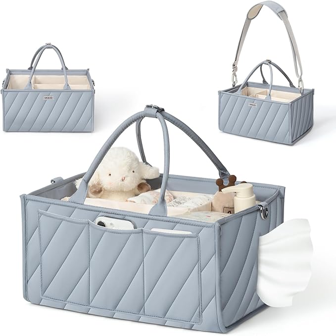 Baby Boy Essentials Diaper Caddy Organizer – Portable Storage Basket with Shoulder Strap & Stroller Hooks, Splashproof Quilted Nursery & Car Tote, Baby Gifts for Baby Shower, Classic Blue