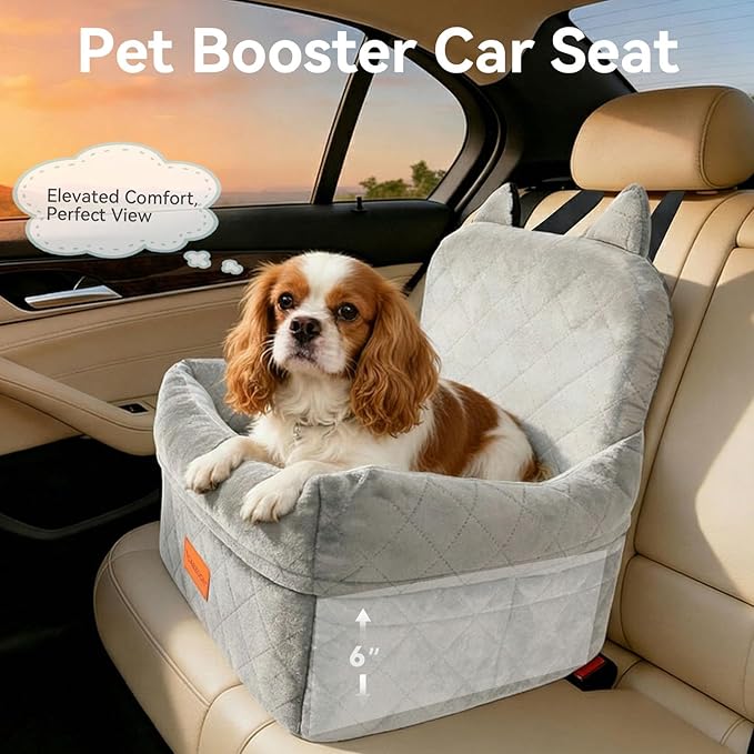 Dog Car Seat for Small/Medium Dogs Up to 35lbs,Elevated Cushion Fits in Front/Back Seat,Travel Safety Per Car Bed with Washable Removable Cover, Storage 2 Pockets Grey