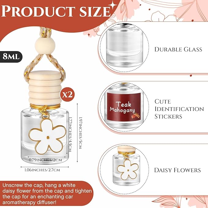 Siifert 2 Sets Hanging Car Air Freshener and Essential Oil Diffuser, Car Air Freshener Daisy Essential Oil Diffuser Long Lasting Automobile Aromatherapy(White,Teak Mahogany)