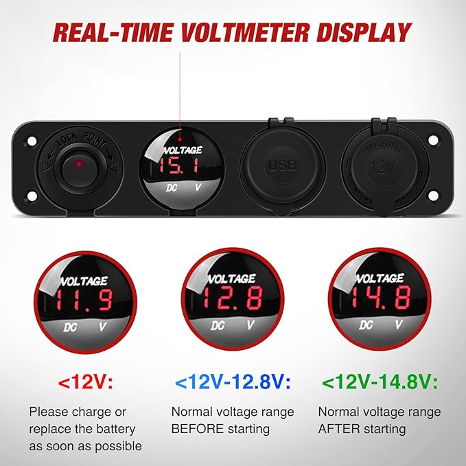 Nilight 4 in 1 ON/Off Charger Socket Panel Dual USB Power Outlet LED Voltmeter Cigarette Lighter Socket Lighted ON Off Rocker Toggle Switch for Truck Car Marine Boats RV,2 Years Warranty