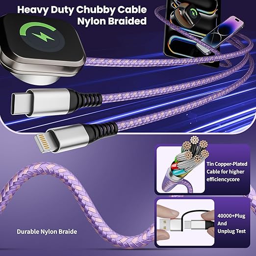 Travel Essentials, 3 in 2 USB A/C Cable to iPhone 17 Charger/iWatch Charger/IP, Braided Multi Charging Cable Cord, RV Camping Essentials, Designed for iWatch Series & iPhone17-11/iPad [Purple, 5FT]