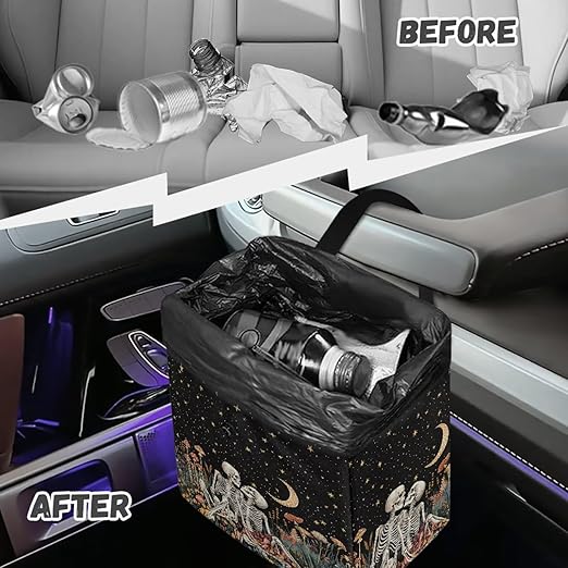 Skulls Mushroom 2 Gallons Car Trash Can Hanging Car Trash Bag Moon Starry Night Water Resistant Leakproof Trash Bag Car Accessories for Women Men