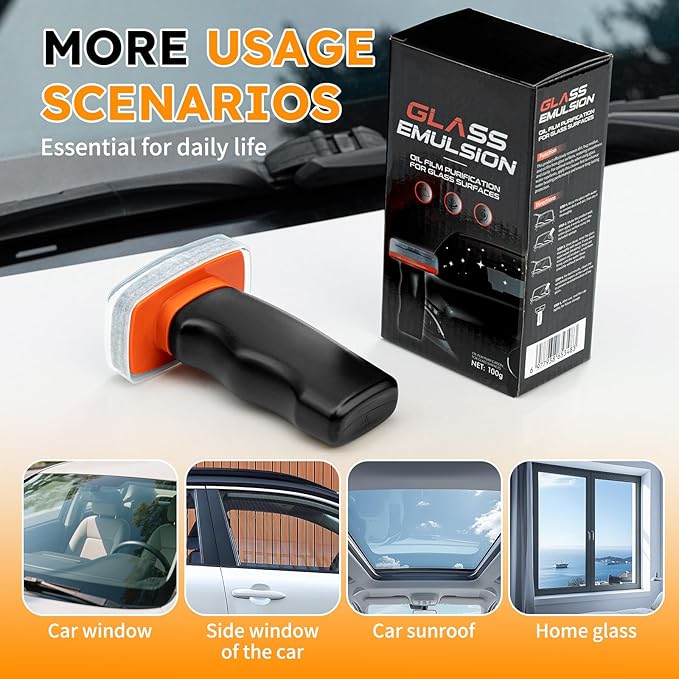 Glass Oil Film Remover for Car Windshield, Handheld Roll-On Glass Emulsion Cleaner with cleaning board, Removes Stubborn Oil Film & Grime for Improved Windshield Clarity for Safe Driving(3.5oz) (1)