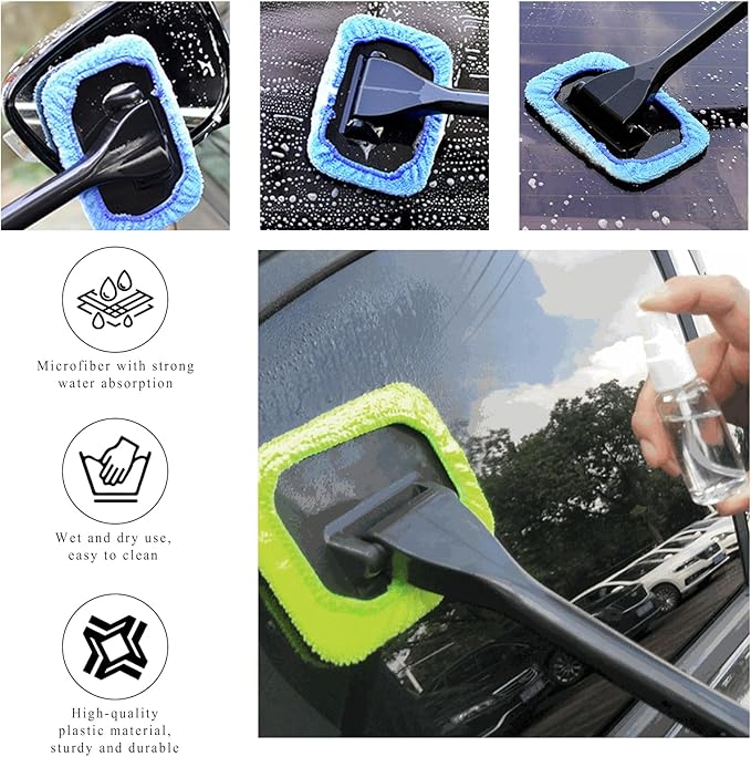 KVAEY Car Windshield Cleaning Tool, Microfiber Window Cleaner with 4 Washable Reusable Cloth Pad & Extendable Handle, Auto Glass Cleaning Kit with Spray Bottle for Glass Wiper