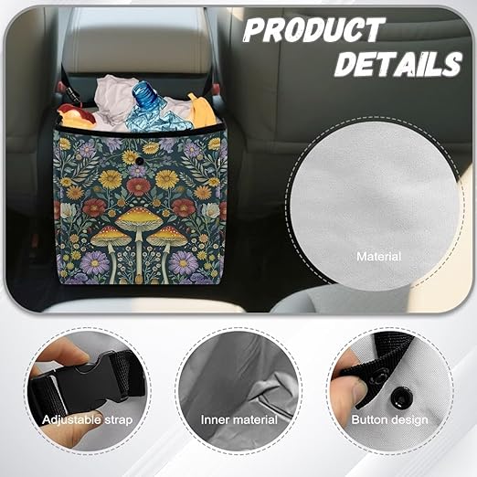 Retro Mushroom Daisy Floral Print Car Trash Bag Hanging, Garbage Bag and Water Resistant Trash Can for Car, Leakproof Trash Can for SUV Truck Car Accessories
