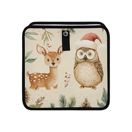 Car Trash Can Organizer Bin with Adjustable Strap for Back Front Seat Console Waterproof Leakproof Collapsible Portable 11 Inch Christmas Deer Owl Pinecorns Leaves Beige