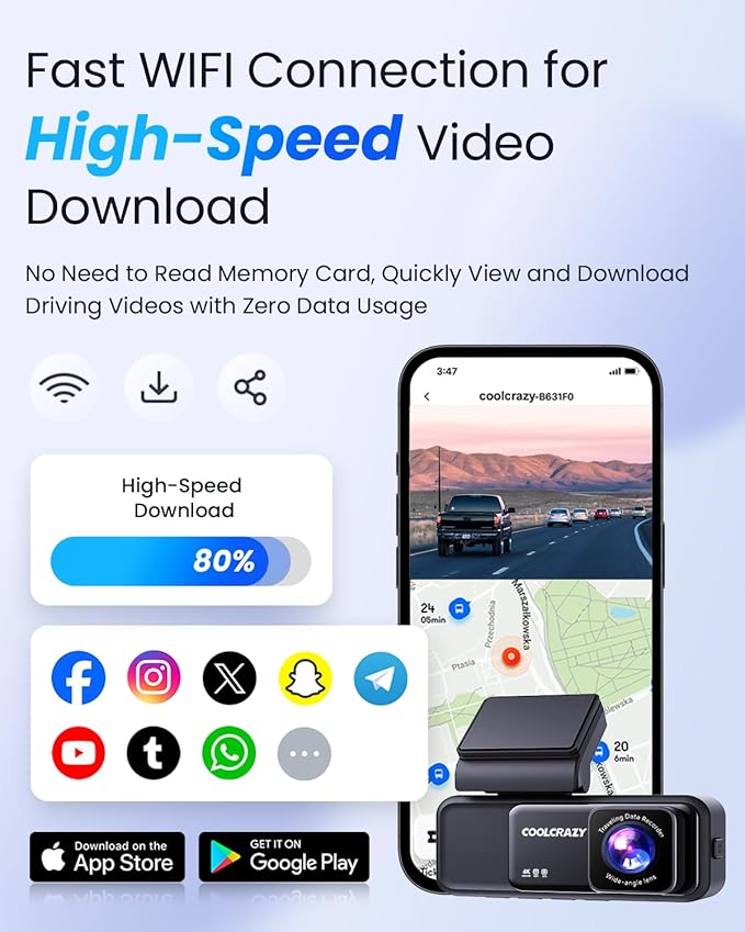 COOLCRAZY 4K Dash Cam Front, Built-in WiFi GPS, Dash Camera for Cars, 3.2" IPS Screen Dashcam with App Control, Free 32G Card, 170°Wide Angle, 24H Parking Mode, WDR, Night Vision, G-Sensor