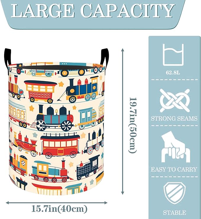 Retro Colorful Train Laundry Basket, Dirty Collapsible Clothes Toy Organizer Hamper for Kids Adults, Oxford Cloth Waterproof Storage Bin for Bedroom Bathroom Home Decor Gifts, 19.7"X15.7"