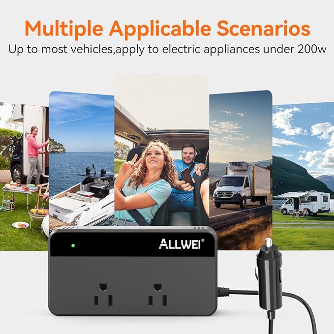 ALLWEI 200W Car Power Inverter, 12V DC to 110V AC Car Inverte with 4 USB Fast Charging Port(2xUSB A, 2xUSB C)- Car Charger Cigarette Lighter Adapter for Phone, Laptop and Small Devices on Road Trip