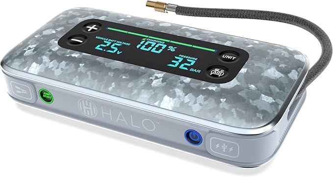 HALO Bolt Air+ 1750 Portable Car Battery Jump Starter | 130 PSI Air Compressor, 59.9Wh USB Power Bank, Large Display, Emergency Floodlight & Charger, Jumps Cars SUVs & Trucks, Inflates Tires — Silver
