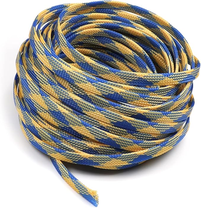 Aicosineg 32.81ft PET Flexible Braided Cable Sleeve 0.33inch Width Wire Loom Sleeving and Organizer Flexible Wire Mesh Sleeve Wrap Protector for TV Audio PC Cords from Pets Chewing Blue and Yellow