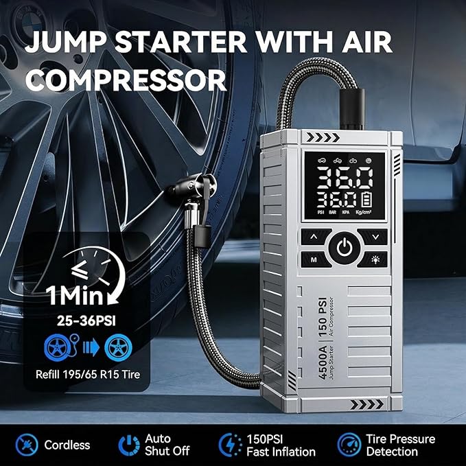 Car Battery Jump Starter with Air Compressor - 4500A Battery Jumper Starter Portable (9.0 Gas/8.0L Diesel) with 150PSI Tire Inflator, 12V Car Jump Box with Jumper Cables, LED Light, LCD Display