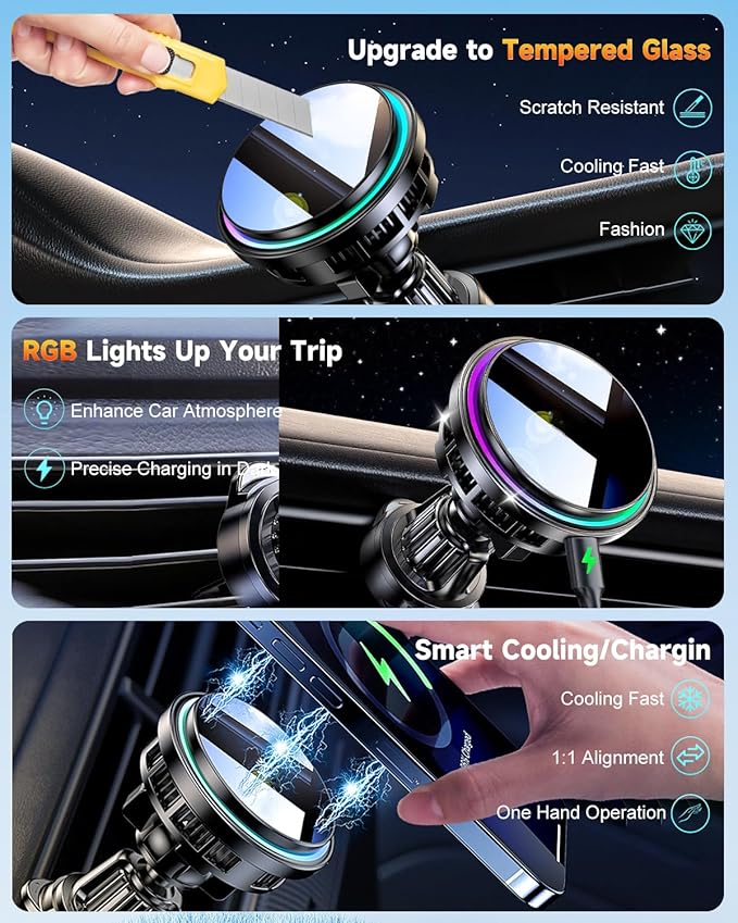 TEC & Fan Dual Cooling Magnetic Wireless Car Charger, For Magsafe Car Mount Charger, Air Vent 15W Fast Wireless Charging Car Phone Holder Bracket for iPhone 17 16 15 14 13 12, for Samsung ＆ Android