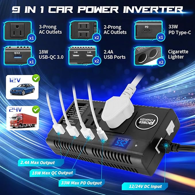 Car Power Inverter 120W DC 12V 24V to AC 110V Car Charger Adapter with 3 AC Outlets Dual Cigarette Lighter 4 USB Ports Charger Quick Charging 3.0 for Phones Tablets Laptops Kindle (Black)