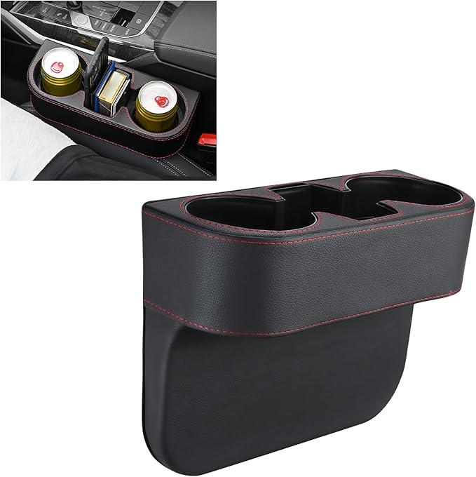 Car Cup Holder for Seat Gap Filler, PU Leather Car Seat Gap Filler Organizer Storage Box, Multifunctional Automotive Interior Accessory with Cupholder & Phone Holder (Black)