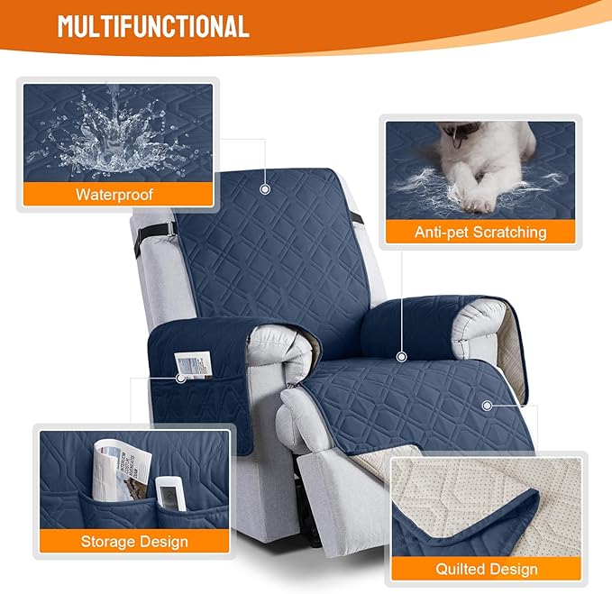 VANSOFY 100% Waterproof Recliner Chair Covers, Recliner Cover Non-Slip Dog Chair Cover Furniture Protector Washable Slipcover with Pocket, Elastic Straps for Pets, Dogs(Navy Blue, 25")