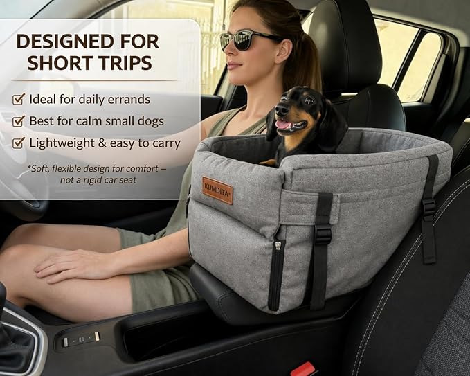 Kumdita Soft Console Dog Car Seat & Carrier for Extra Small Dogs (6–12 lbs). Cozy Center Console Pet Bed for Short Trips. Includes Safety Tether (Gray)