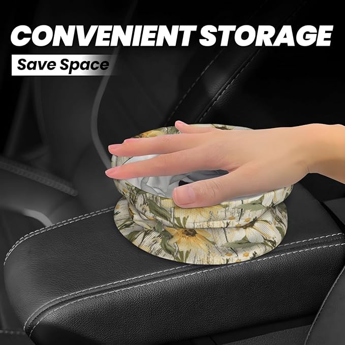Car Trash Can Wood Grain Daisy Pattern Multipurpose Collapsible Leakproof Trash Bin Car Accessories for Car Automotive Truck SUV