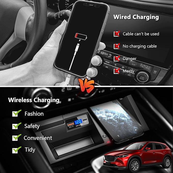 Wireless Car Charger for Mazda CX5 2025 2024 2023 2022 2021 2020 2019 2018 2017 Accessories, OEM Style 15W Qi Phone Fast Charging Pad for Mazda CX-5 Automotive Center Console Organizer