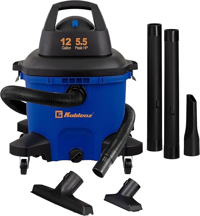 Koblenz Wet-Dry Vacuum, 12 Gallon Tank, 5.5 HP Vacuum Cleaner with 2-1/2" in x 7' Locking Hose, with a Blower Function, Blue/Black, 5 Year Warranty, with Included Accessories, WD-12 L4