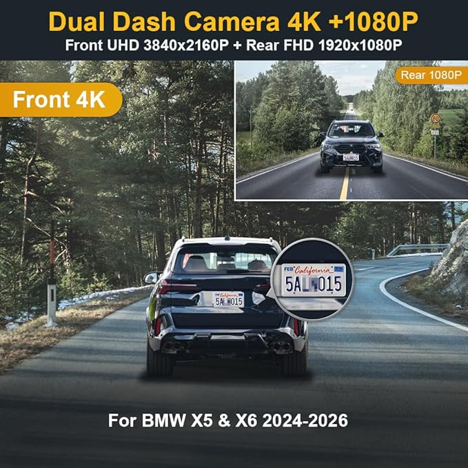 Fitcamx Front 4K+Rear 1080P Dash Cam Adapts for BMW X5 X5 M Hybrid & X6 X6 M 2024-2026 (G05/G06), OEM Look, Dual HD Video, Built-in WiFi & APP, Loop Recording, G-Sensor, Easy to Set, 128GB Card