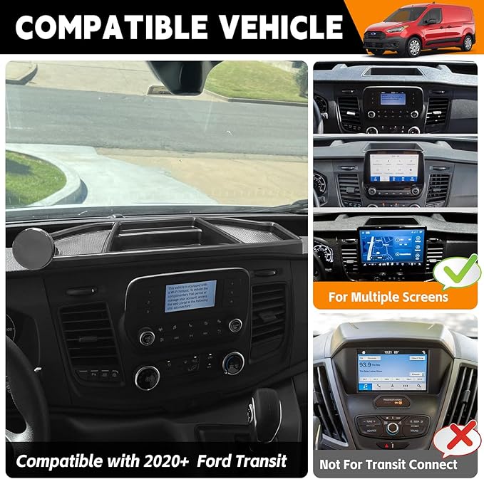 Dashboard Phone Holder Compatible with 2020-2026 Ford Transit 150 250 350 Center Console Organizer Dashboard Phone Multi-Mount Kit Dash Tray for 2025 Transit Accessories(Transit 2020-2026)