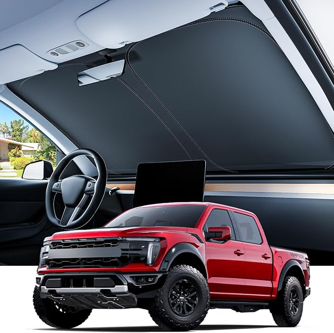 REEVAA Upgraded for Ford F-150/F-250/F-350/F-450 Windshield Sunshade [Tailored Fit, 99% Sun Protection] Foldable Sun Shade Car Accessories with Storage Bag