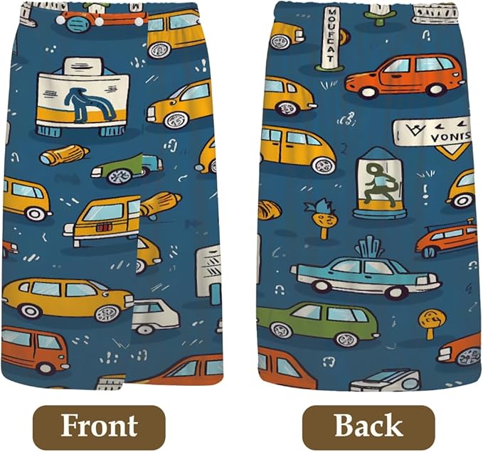 Women's Bath Wrap Cartoon Cars Pattern Absorbent Shower Spa Body Bath Robe Wraps Bathrobe Towel with Adjustable Closure