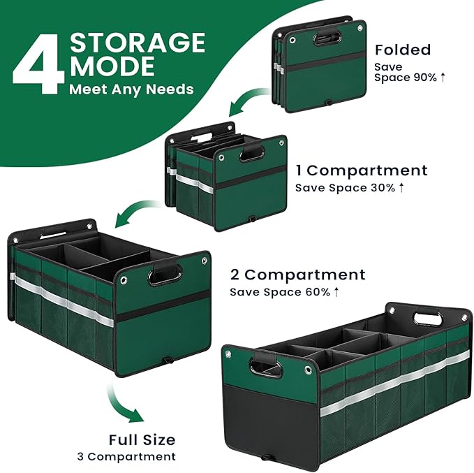 Car Trunk Organizer, Car Storage Organizer, Collapsible Multi Compartment for Car, Suv, Sedan, Truck, 100L, Extra Larger (Green, 100L)