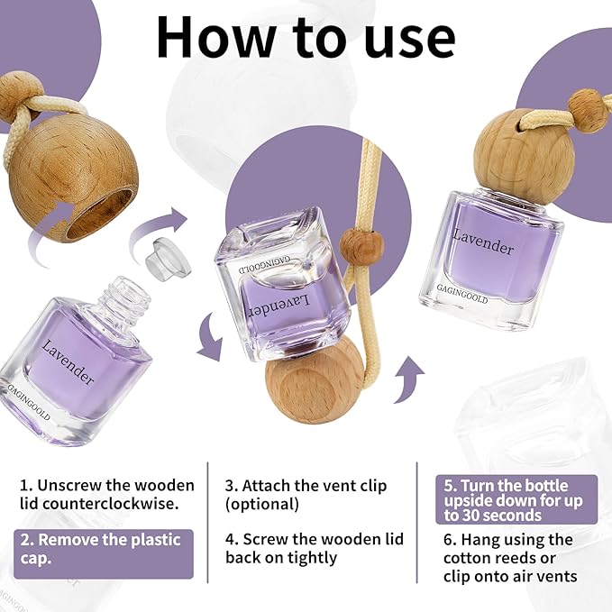 Car Air Freshener Hanging 2 Pack, Lavender Scent Essential Oil Diffuser Long Lasting Up to 150 Days, Cute Car Accessories with 2 Vent Clip for Women Men Gift, Odor Eliminator
