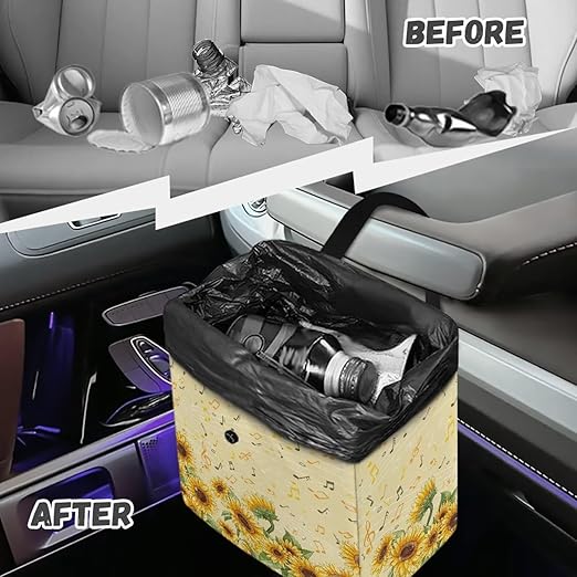 Sunflower Music Notes Pattern Car Trash Can Leakproof Trash Bin Car Garbage Can Hanging Water-Resistant Collapsible Auto Trash Bag Car Accessories for Women Men