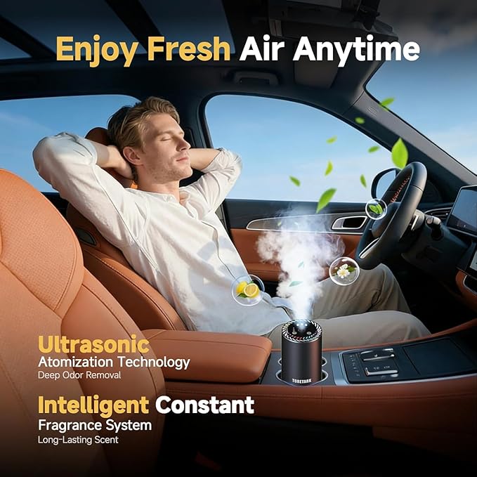 Smart Car Air Freshener with Star Light & 200ml Diffusers Oil Refills, Auto On/Off Aroma Diffuser, 3 Adjustable Mist Modes Rechargeable Aromatizante para Carro - Car Diffuser（Cologne*4）