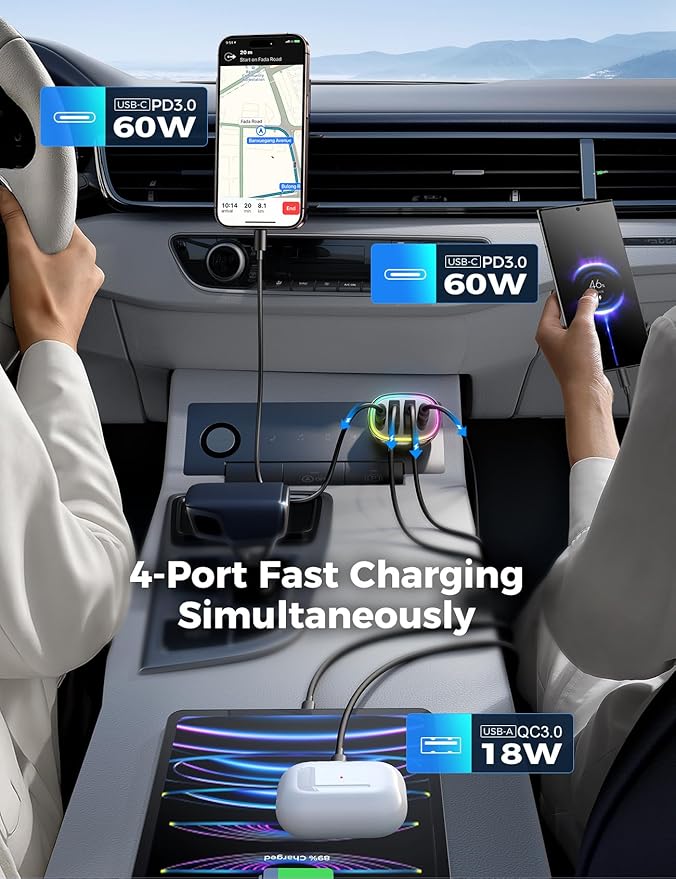 120W for iPhone 17 16 Pro Max Car Charger USB C Fast Charge, 4-Port Car Charger Cigarette Lighter Adapter, Dual 60W USBC & USB-A Multiport Car Adapter for iPhone 17 Pro/15/14/13, Galaxy S26/S25, iPad
