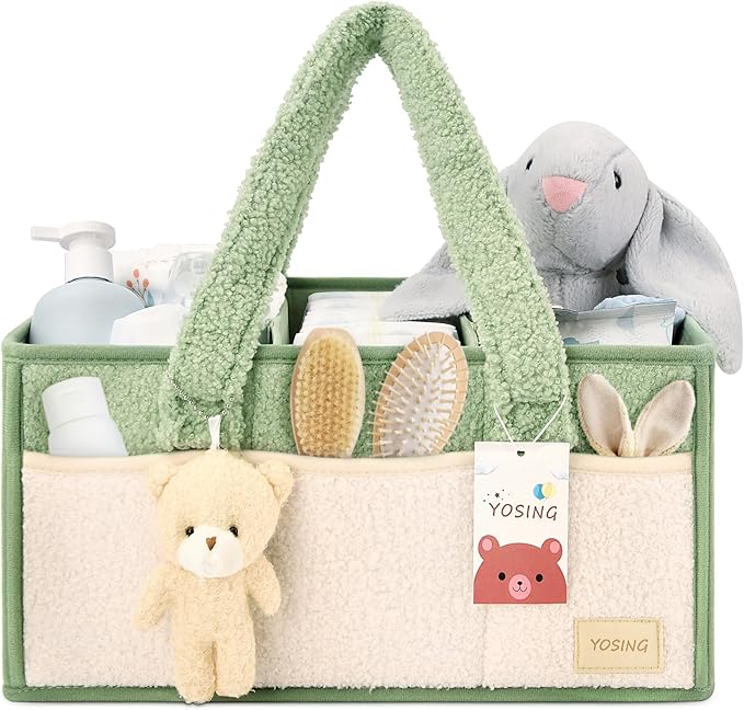 YOSING Diaper Caddy Organizer with 13 Pockets & Removable Dividers - Portable Baby Storage Basket for Nursery, Car Travel & Newborn Essentials, Green+ White