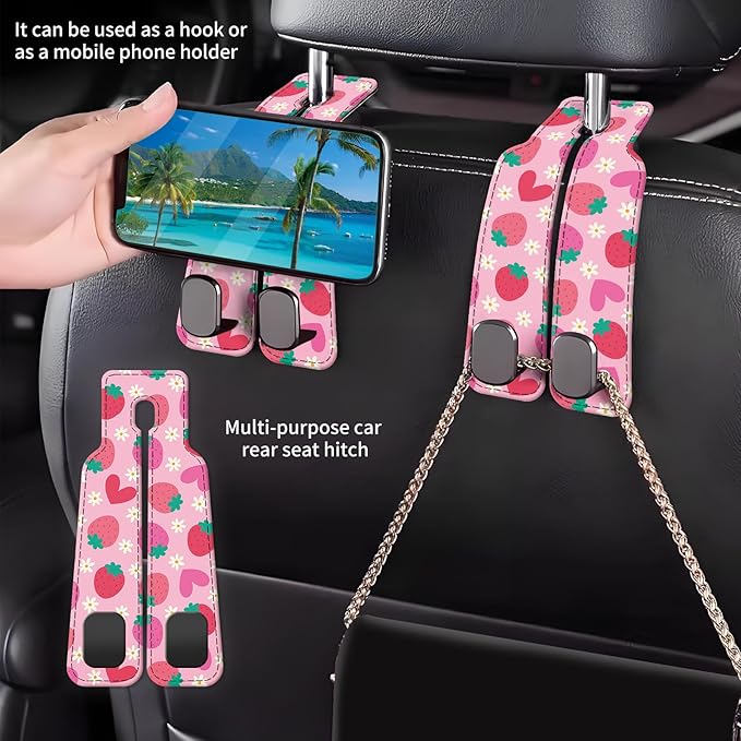 Car Seat Back Storage Headrest Hook, Premium Leather Double Metal Hook, Hanger Storage Organizer for Purse Cloth Bag, Car Interior Accessories Cute Pink Strawberry