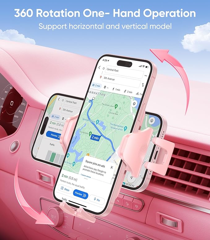 VICSEED Pink Phone Holder for Your Car [ Sturdy & Secure ] Air Vent Phone Mount for Car Hands Free Easy Clamp Cradle in Vehicle for iPhone Samsung Android Smartphone, Pink Car Accessories