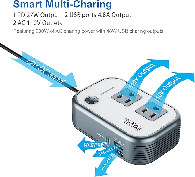 FOVAL 200W Car Power Inverter, DC 12V to 110V AC Car Laptop Charger Fast Charger Converter with [27W PD USB-C] & Dual USB Ports Multi-Protection Car Outlet Adapter Power Inverter for Vehicles